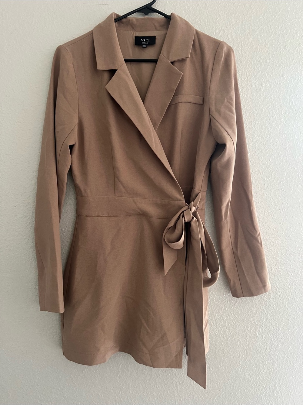 Vici Tie-Waist Wrap Blazer Romper in Camel Brown